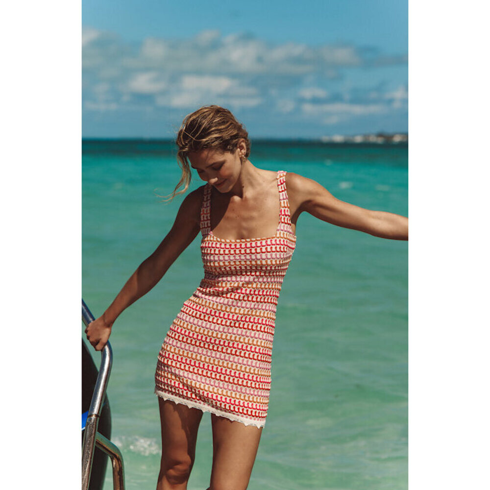 Lulus Alianora Red And Cream Crochet Mini Dress - Size M